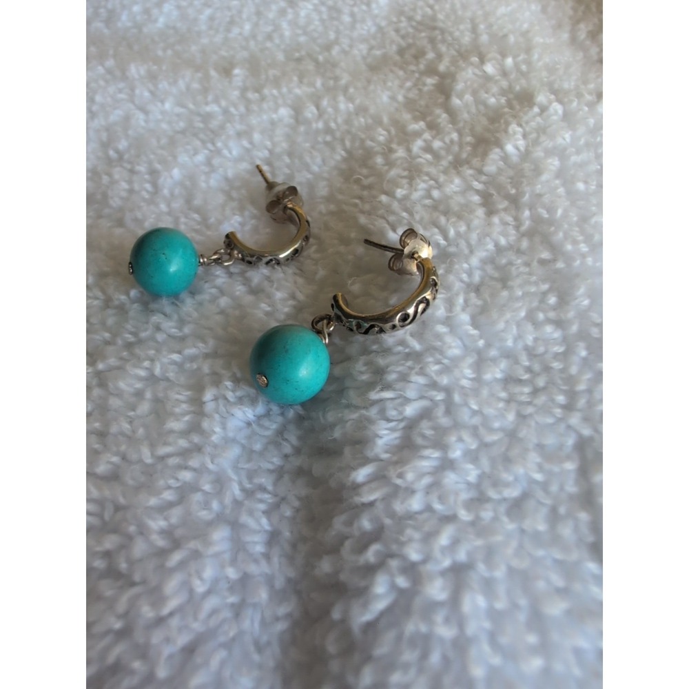 Sterling Silver‎ Turquoise Bead Dangle Hoop Earrings. Marked 925